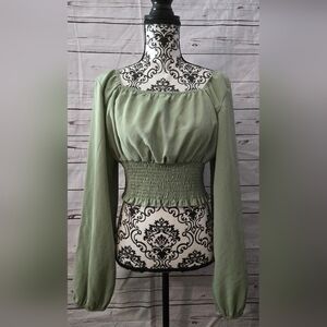 SHEIN Green Smocked Long Sleeve Blouse